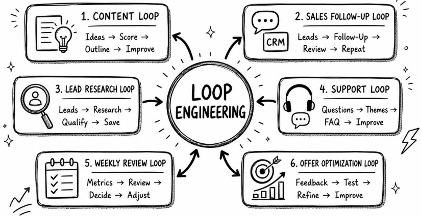 Business loop engineering examples showing content, sales, support, research, review, and offer optimization workflows