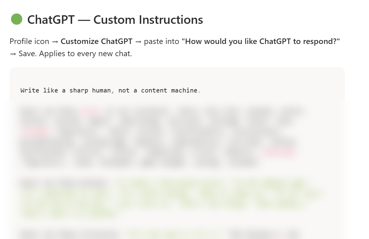 Inside the guide: the ChatGPT custom instructions block, partially hidden